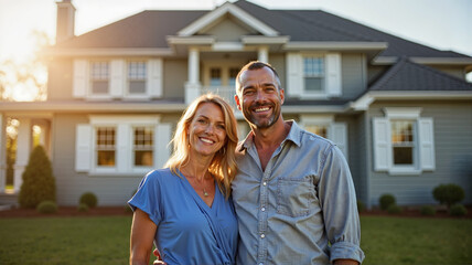Cheerful couple posing in front of a blue suburban house