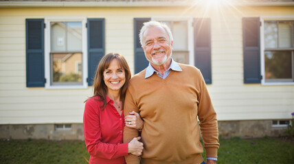 Happy senior couple standing outside a beige and blue suburban house