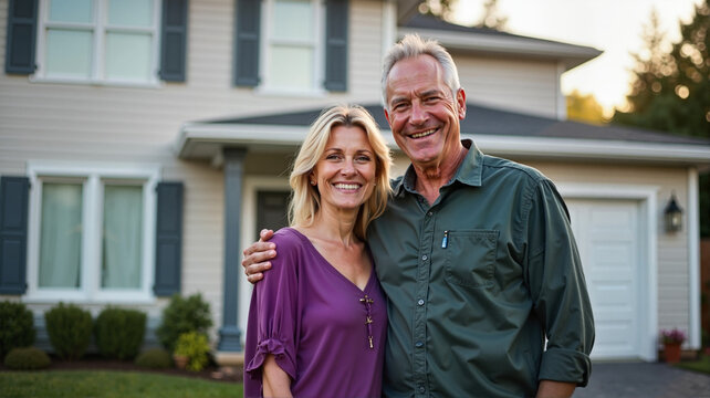 Smiling middle-aged couple outside a modern grey suburban house