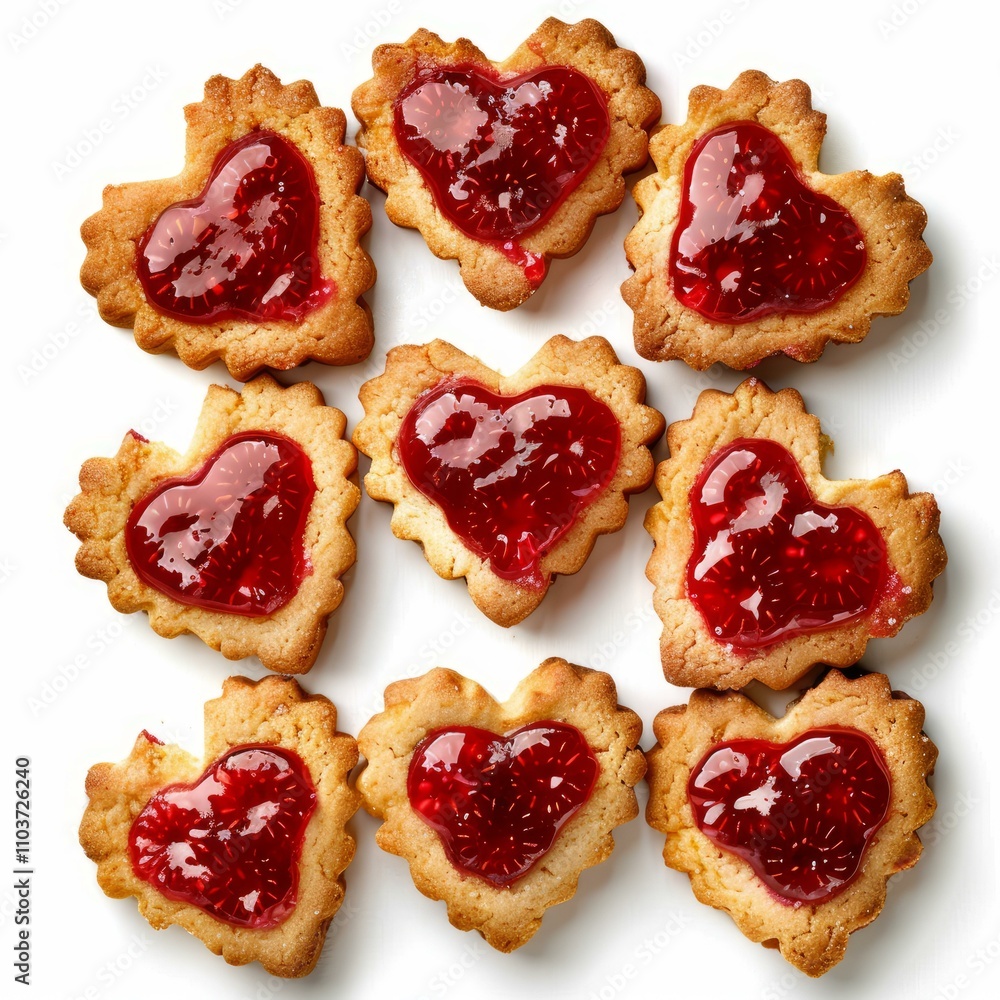 Poster heart shaped cookies with raspberry jelly filling forming a square on white background