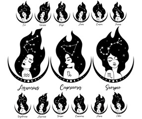 Set of female silhouettes with constellations and zodiac signs. Mystical vector illustration for women. Astrology and personal horoscope. Boho mystical design for girls.