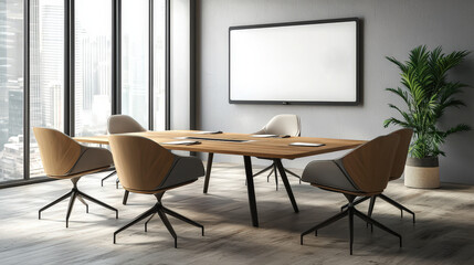 Professional atmosphere modern conference room with wooden table in urban office