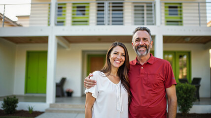 Happy couple posing outside a beige modern house with a green door