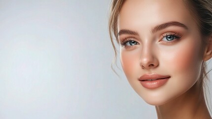 Naklejka premium Elegant Young Woman with Natural Makeup and Bright Blue Eyes
