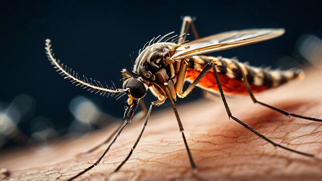 Close-Up of a Mosquito on Human Skin in the Wild, A Detailed Glimpse into Nature's Tiny Predator
