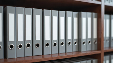 Grey file binders neatly organized on a metal office shelf