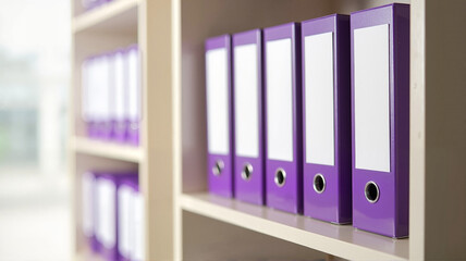 Purple file binders arranged neatly on an office shelf