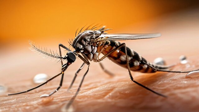 Close-Up of a Mosquito on Human Skin in the Wild, A Detailed Glimpse into Nature's Tiny Predator

