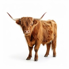 Highland cow standing on white background