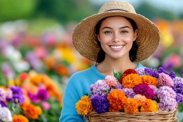 A smiling woman holding a basket of flowers. Generative AI