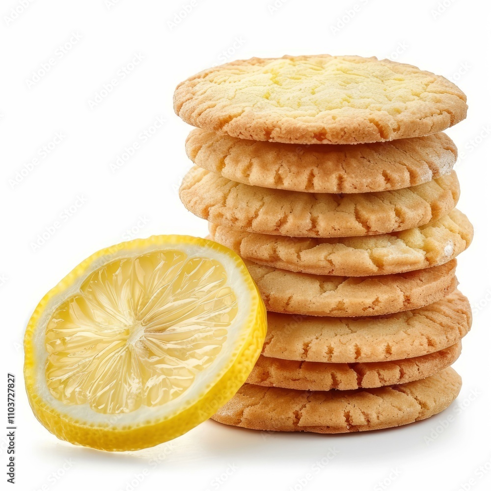Poster stack of lemon cookies with a slice of lemon showing refreshing citrus flavor