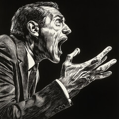 A businessman in a sharp suit, leaning forward and shouting with his hand cupped to his mouth, capturing a sense of urgency and importance. The scratchboard-style engraving emphasizes the intricate