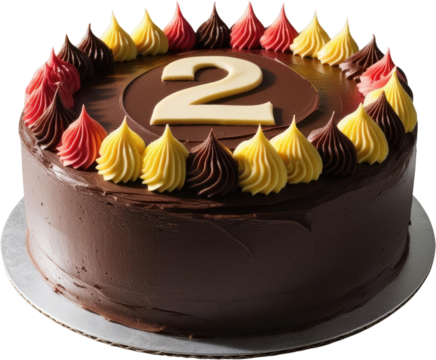 Beautifully decorated chocolate birthday cake featuring vibrant number two and colorful icing swirls, perfect for celebrating a special milestone in style.