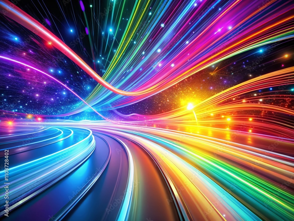 Poster multicolor light trails flowing in a 3d abstract background with glowing linear structures and long 