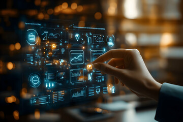 Interactive Digital Dashboard, Data Visualization Interface Showing Business Metrics, Analytics, and Communication Tools