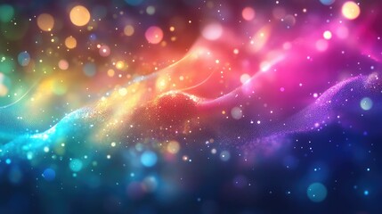 A colorful abstract design featuring a spectrum of light against a dark background, highlighting holographic reflections and shimmering bokeh effects.