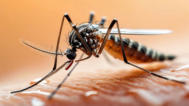 Close-Up of a Mosquito on Human Skin in the Wild, A Detailed Glimpse into Nature's Tiny Predator
