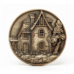 Fototapeta premium Round bronze medallion featuring embossed stone house with tree