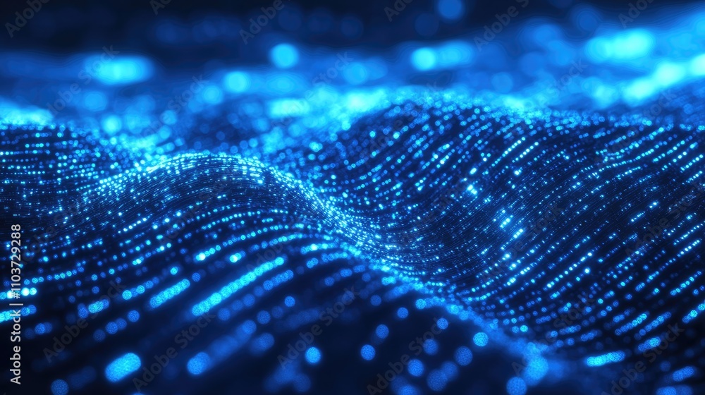 Poster Cascading blue cyber particles create a dynamic backdrop resembling an extensive flowing data stream, accentuated by glowing light effects and wavy textures.