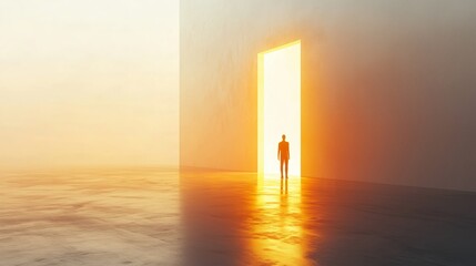 A solitary figure standing before a glowing door in a minimalist space, symbolizing hope, opportunity, transition, and the journey of discovery in a surreal environment.