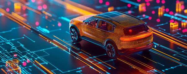 Naklejka premium Digital Car Driving on Futuristic Circuit Board Road