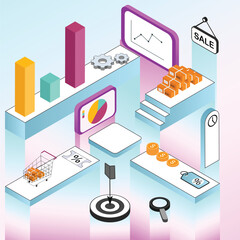 sell purchase 3d isometric vector illustration, infographic, basket, shopping