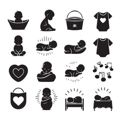 Newborn baby black set silhouette vector illustration