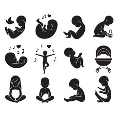 Newborn baby black set silhouette vector illustration
