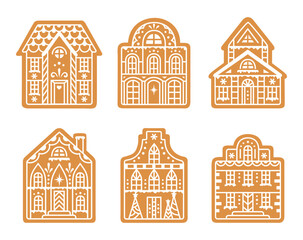 Christmas gingerbread houses vector design. Set of Traditional festive decorative gingerbread cookies.