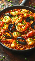Delicious paella in a cast iron skillet with shrimp, mussels, peas, and chorizo.