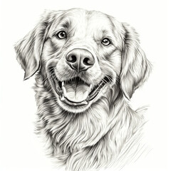 A smiling Golden Retriever dog with a wagging tail, exuding warmth and friendliness. The vintage sketch engraving highlights the dog's joyful expression and flowing fur in black-and-white.