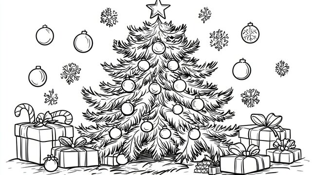 Coloring page of Cozy Christmas Tree Illustration in Black and White with Ornaments, Gifts, and Snowflakes for Holiday-Themed Creative Projects and Festive Decor Ideas