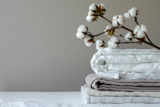 Stack of bed linen with cotton branch on table room for text