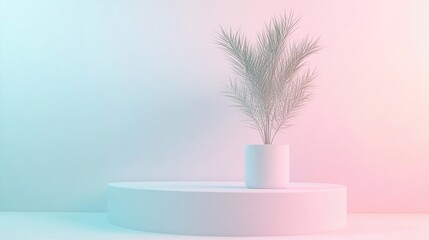 Calming pastel gradient wallpaper featuring a sleek minimalistic design with a potted palm on a circular pedestal in soft pink and blue hues.