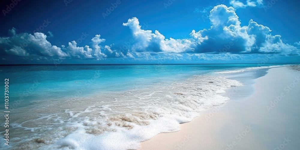 Poster soft waves gently roll in, creating foam on a pristine white sandy shore. this is a high quality pho