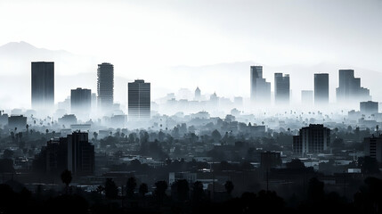 Cityscape, Monochromatic urban panorama, skyscrapers veiled in morning mist, a hazy metropolitan view.