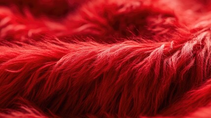 Fototapeta premium Close-up image of a red shaggy woolen textile, highlighting its rich texture and vibrant color. Ideal for showcasing fabrics, this red shaggy woolen textile adds warmth and style.