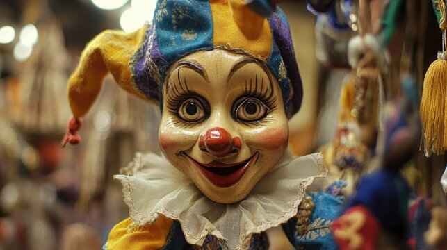 Vibrant jester puppet doll with colorful patchwork attire and expressive face, showcased as a charming marketplace souvenir.