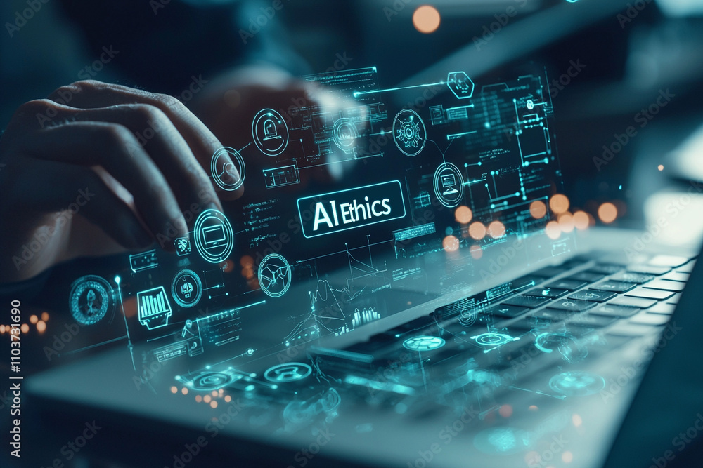 Poster ai ethics discussion digital workspace infographic content technology environment close-up view ai g