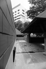 A place with stone paving with fallen dry leaves surrounded by red brick and cement walls