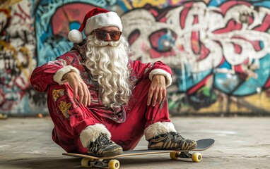 A cool Santa Claus in sunglasses, sitting on a skateboard near a graffiti wall in a Christmas-themed photo.