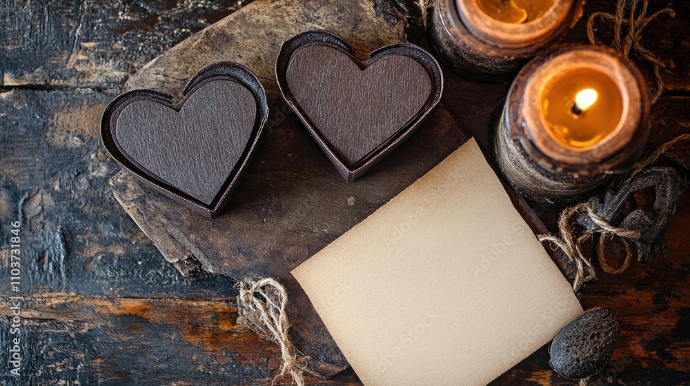 Poster heart-shaped boxes and a blank card create a perfect setting for valentines day. these heart boxes a