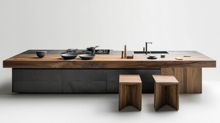 Minimalist design with wooden countertop, high stools, and an elegant ceramic cooking top.