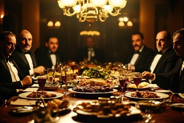Mafia members dining in an opulent setting.