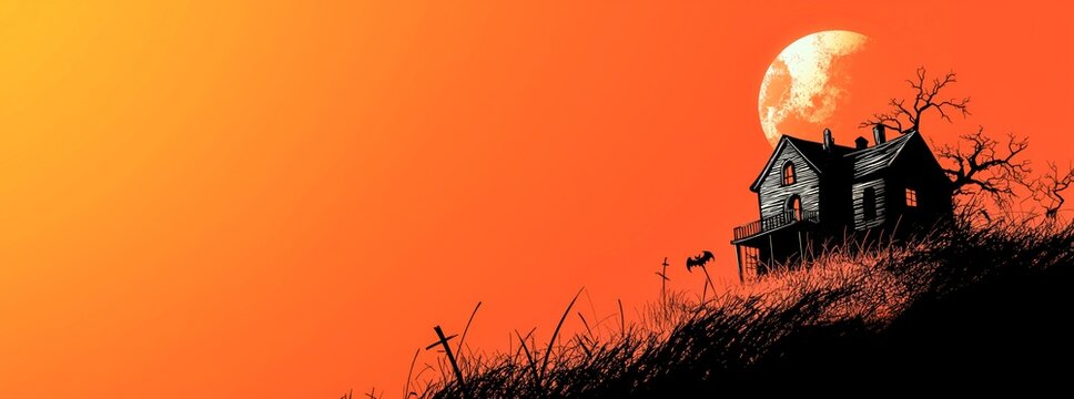A spooky house, silhouetted against a full moon in an orange sky, rendered in a bold, flat color style, reminiscent of horror comics and 2D game graphics.