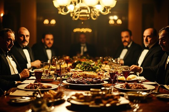 Mafia members dining in an opulent setting.