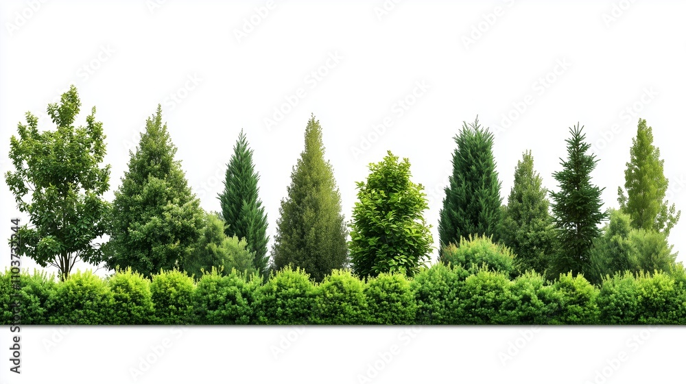 Poster diverse tree line featuring various species of trees in a lush green setting during daytime