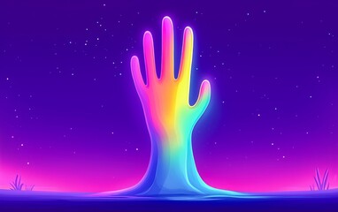 Obraz premium A hand, adorned with vibrant rainbow colors, reaches out against a starry night sky and an ethereal purple background.