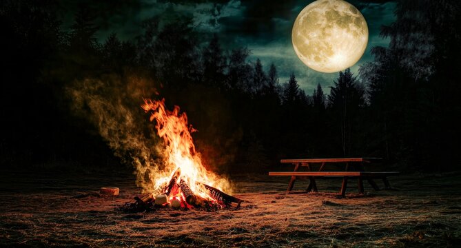 A large bonfire, smoking and glowing, sits beside an old wooden table and bench, framed by a dark forest and a moonlit night sky. - Powered by Adobe