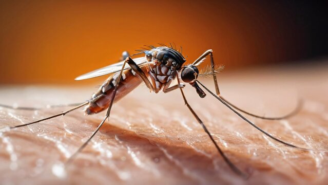 Close-Up of a Mosquito on Human Skin in the Wild, A Detailed Glimpse into Nature's Tiny Predator
